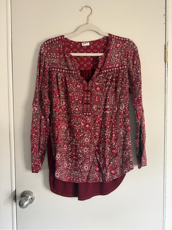 One September Tops - Red Printed Long-Sleeve Boho Peasant Blouse